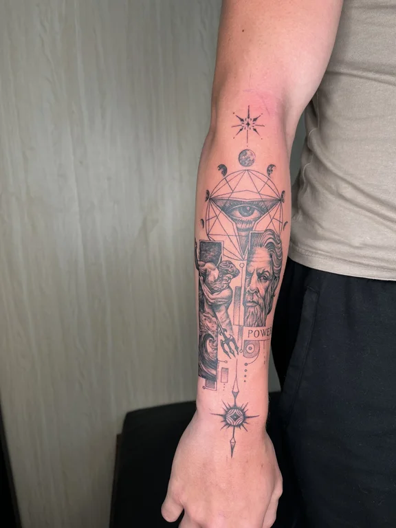 religious blackwork deity black grey spiritual skull dotwork linework tattoo Canggu Bali