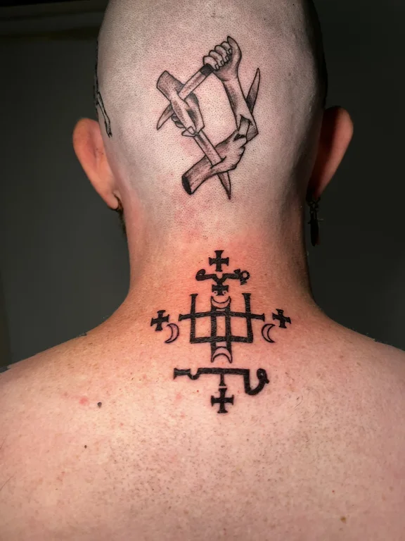 religious blackwork deity bold line spiritual linework fine line man tattoo Canggu Bali