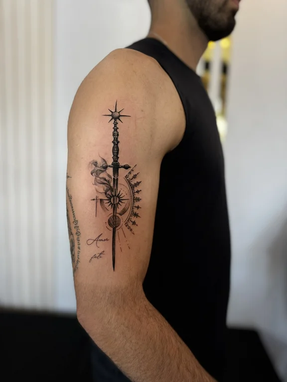 religious blackwork deity linework spiritual black grey dotwork fine line tattoo Canggu Bali