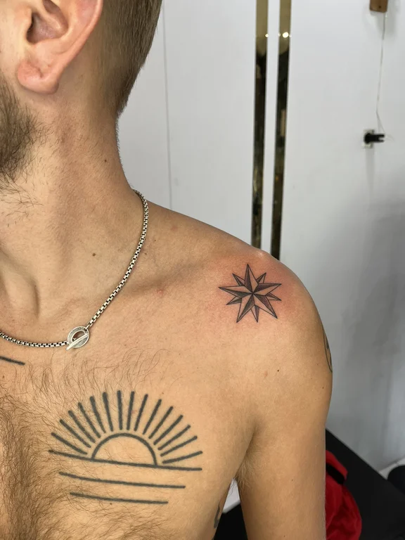 symbol blackwork man dotwork sun spiritual fine line linework tattoo Canggu Bali