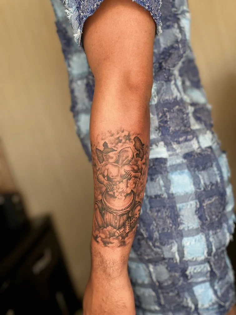 chicano black grey man tattoo hand music potrait tattoo canggu bali