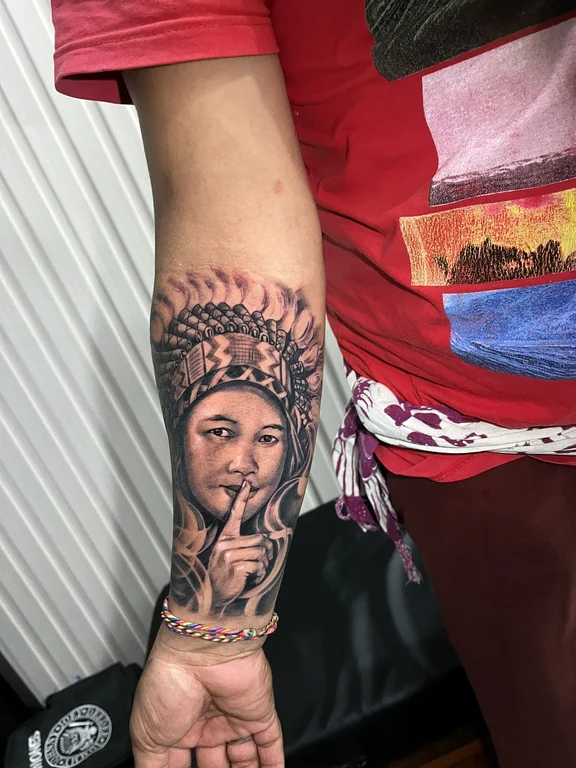 religious chicano deity heavy shading spiritual woman buddha colorful tattoo Canggu Bali