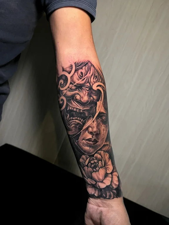 portrait chicano face black grey horror mask heavy shading demon tattoo Canggu Bali