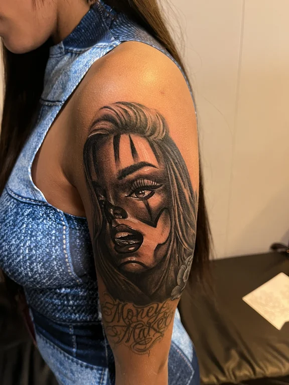 portrait chicano woman black grey horror heavy shading mask soft shading tattoo Canggu Bali