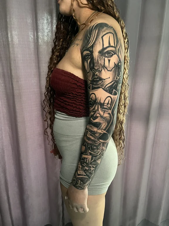 religious chicano woman heavy shading spiritual horror linework black grey tattoo Canggu Bali