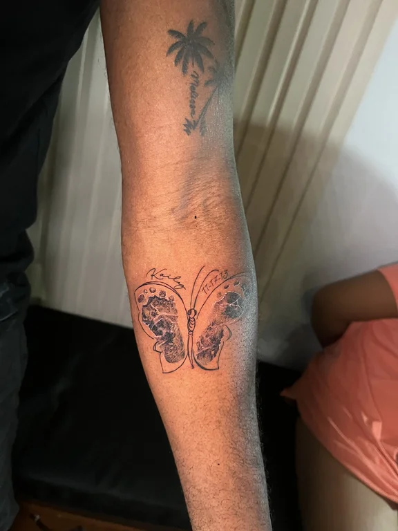 abstract dotwork butterfly linework elegant soft shading black grey spiritual tattoo Canggu Bali