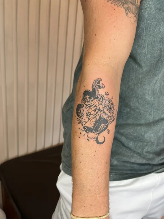 snake linework cloud black grey moon f;ower hand tattoo canggu bali