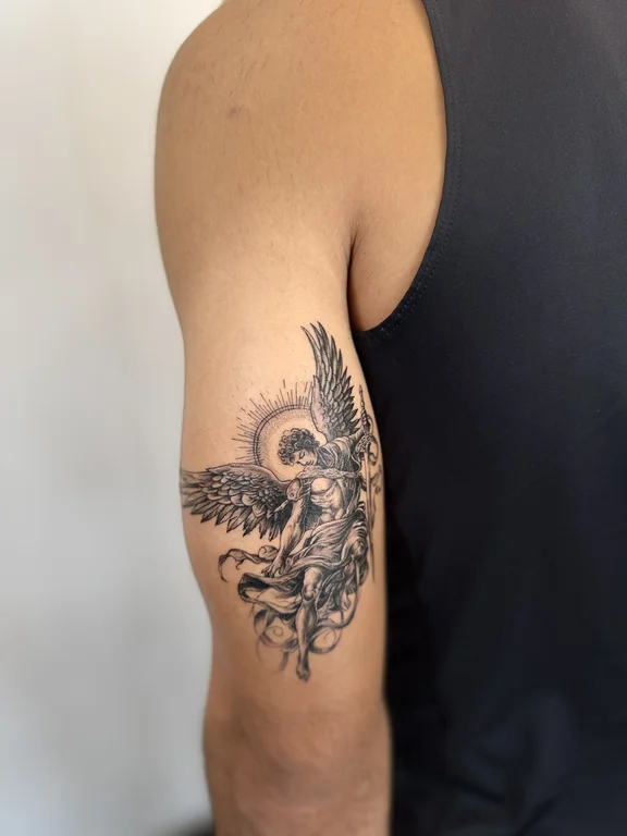 animal dotwork phoenix black grey elegant linework soft shading cloud tattoo Canggu Bali