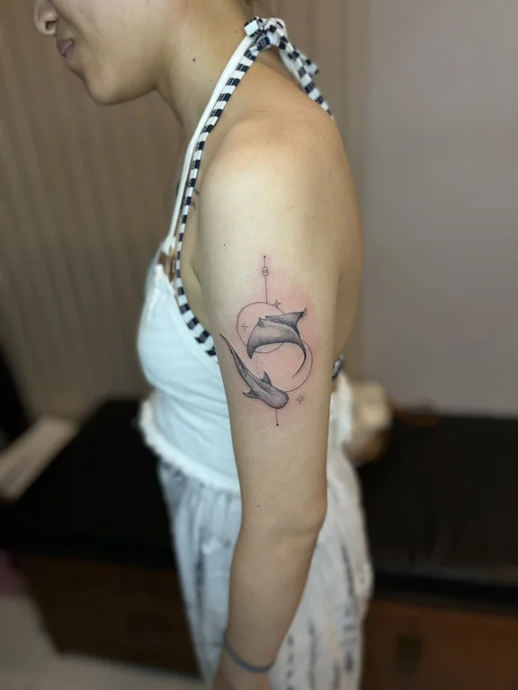 religious fine line woman linework elegant soft shading bold line wave tattoo Canggu Bali