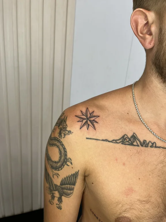 geometric dotwork deity sacred geometry sun spiritual linework black grey tattoo Canggu Bali