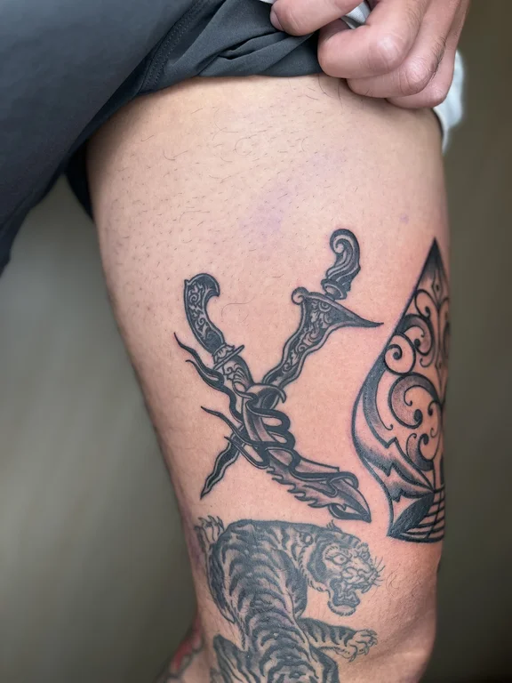 mythology dotwork man linework elegant black grey deity demon tattoo Canggu Bali