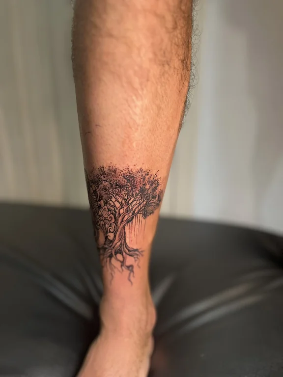 nature dotwork man linework leaf soft shading fine line elegant tattoo Canggu Bali