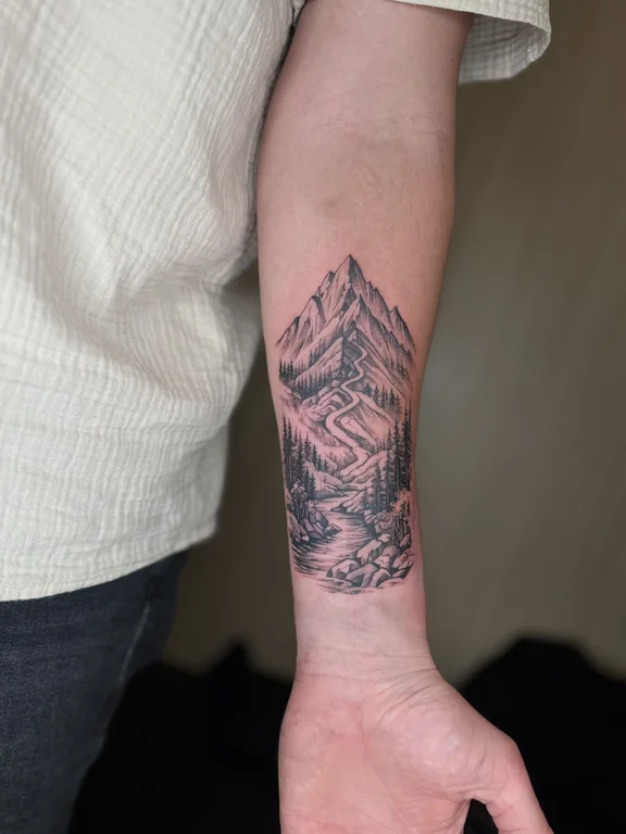 nature dotwork man linework minimal black grey soft shading geometric tattoo Canggu Bali