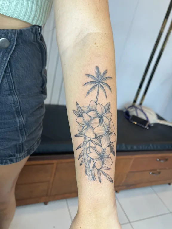 nature dotwork peony linework leaf soft shading black grey elegant tattoo Canggu Bali