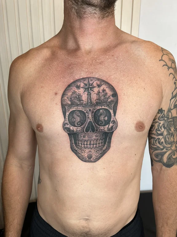 skull dotwork man black grey gothic linework heavy shading mask tattoo Canggu Bali