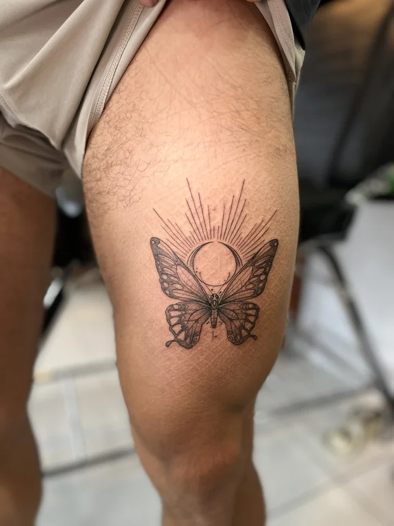 symbol dotwork butterfly soft shading sun spiritual linework black grey tattoo Canggu Bali