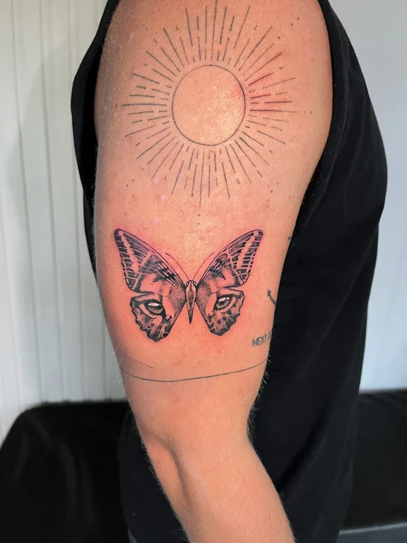 symbol dotwork butterfly soft shading sun spiritual linework colorful tattoo Canggu Bali