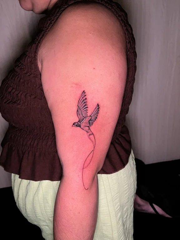 symbol fine line phoenix soft shading elegant linework spiritual minimal tattoo Canggu Bali