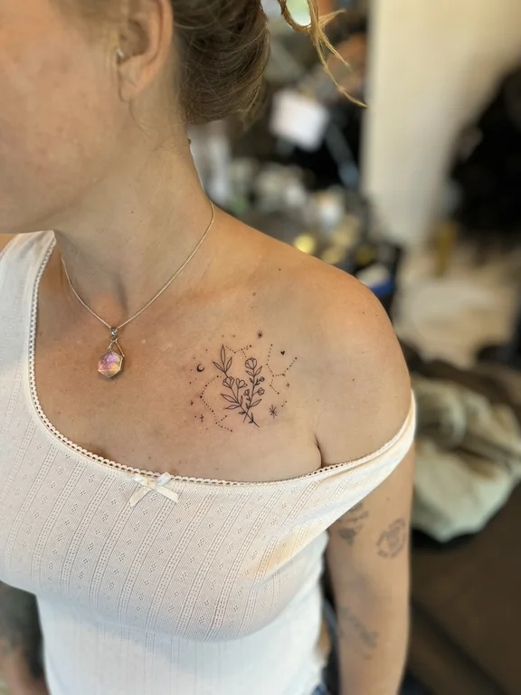 floral watercolor peony soft shading elegant fine line moon dotwork tattoo Canggu Bali