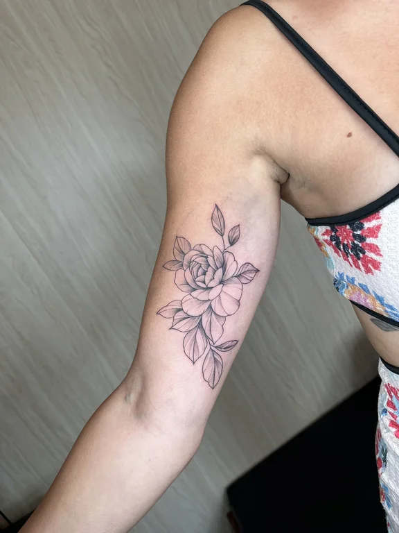 floral fine line peony soft shading elegant rose linework dotwork tattoo Canggu Bali