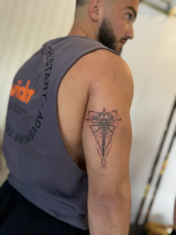 religious fine line man linework spiritual dotwork bold line geometric tattoo Canggu Bali