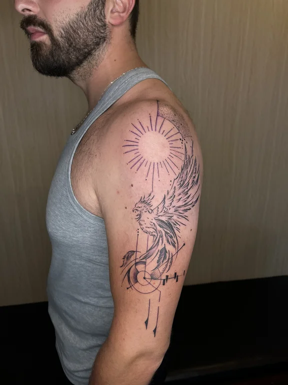 mythology fine line phoenix linework sun cloud moon soft shading tattoo Canggu Bali