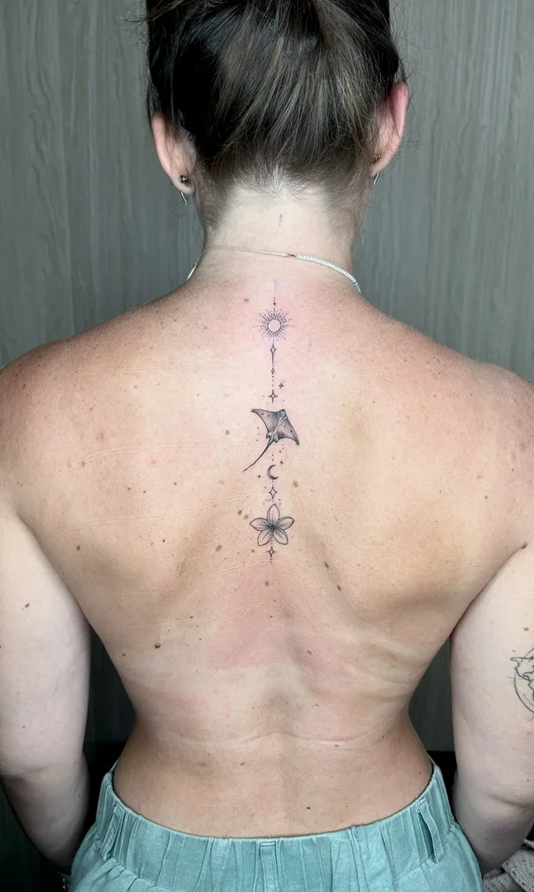 woman back geometric tattoo fineline fine line linework line tattoo canggu bali