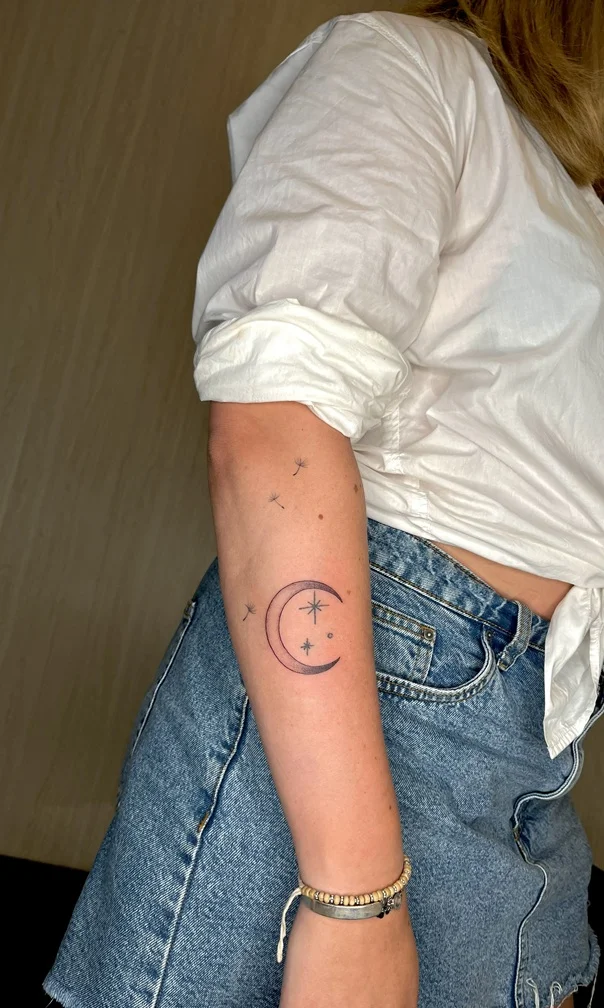 woman hand moon star geometric fine line linework line tattoo canggu bali