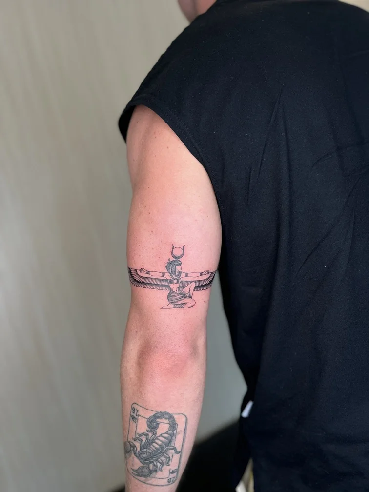 man hand egypt mythology fineline fine line linework line black grey shading tattoo canggu bali