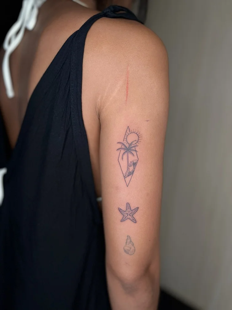 nature beach star fish sea fineline linework line tattoo woman hand tattoo canggu bali