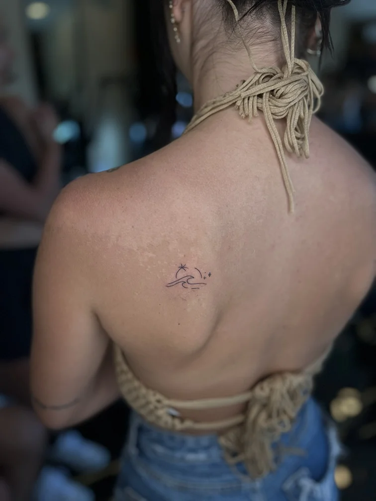 nature wave beach woman tattoo back fineline linework line black tattoo canggu bali