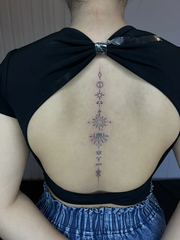 geometric blackwork woman dotwork elegant fine line gothic spiritual tattoo Canggu Bali