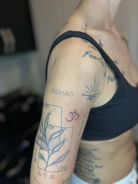 nature fine line woman linework spiritual minimal soft shading bold line tattoo Canggu Bali