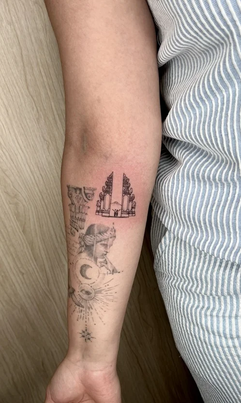 man hand temple religious fine line fineline linework line tattoo canggu bali