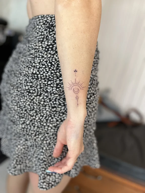 religious fine line woman dotwork spiritual linework elegant minimal tattoo Canggu Bali