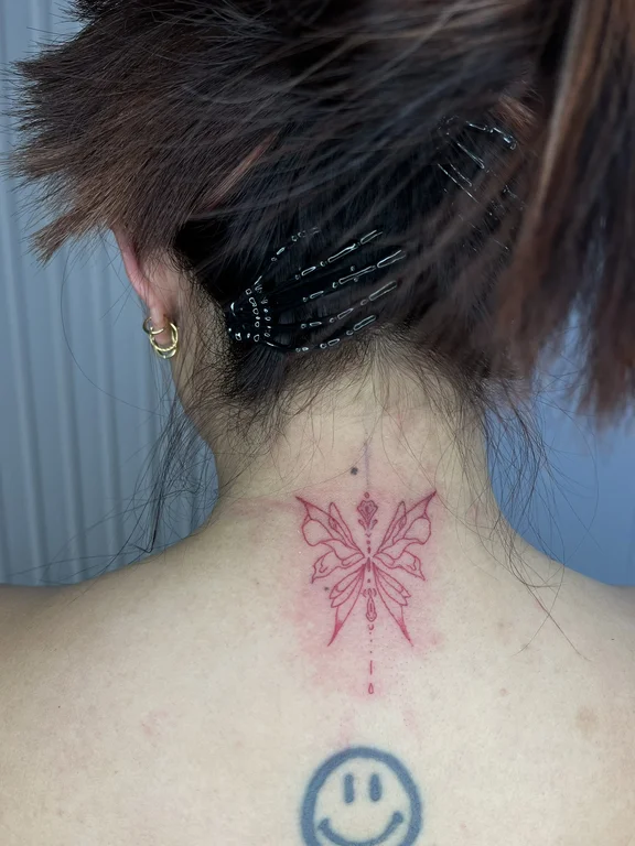 symbol fine line butterfly dotwork leaf linework woman elegant tattoo Canggu Bali