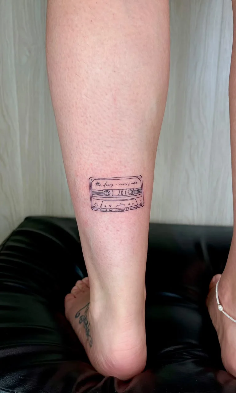 woman leg foot cassette fine line line work line symbol tattoo canggu bali