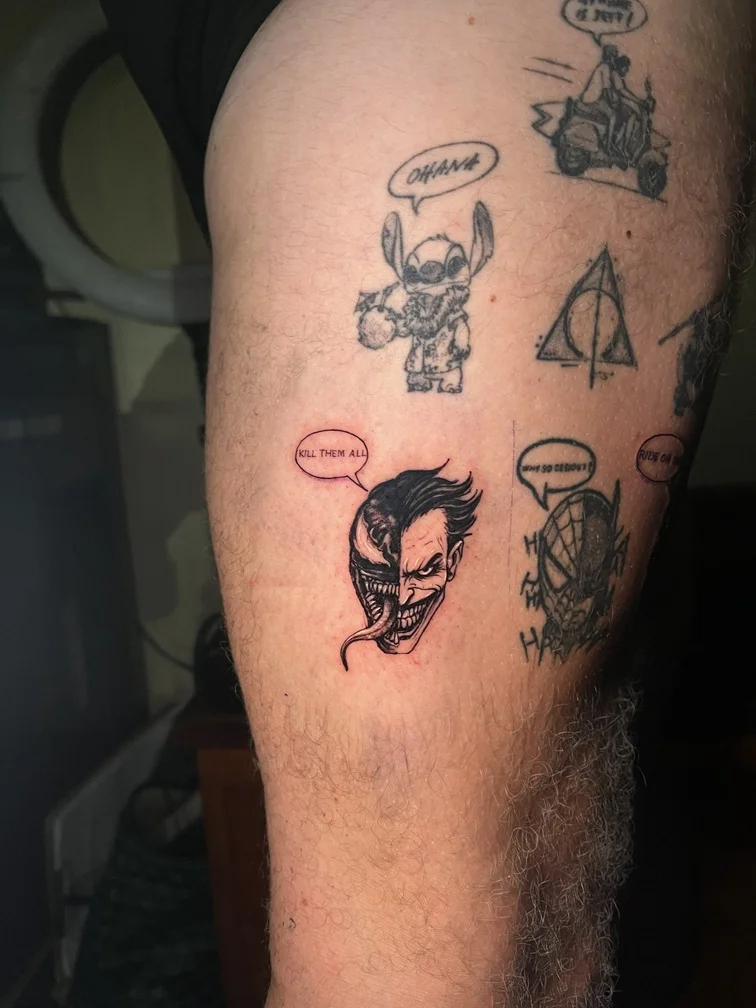 illustrative portrait face cartoon joker venom tattoo black grey shading tattoo canggu bali