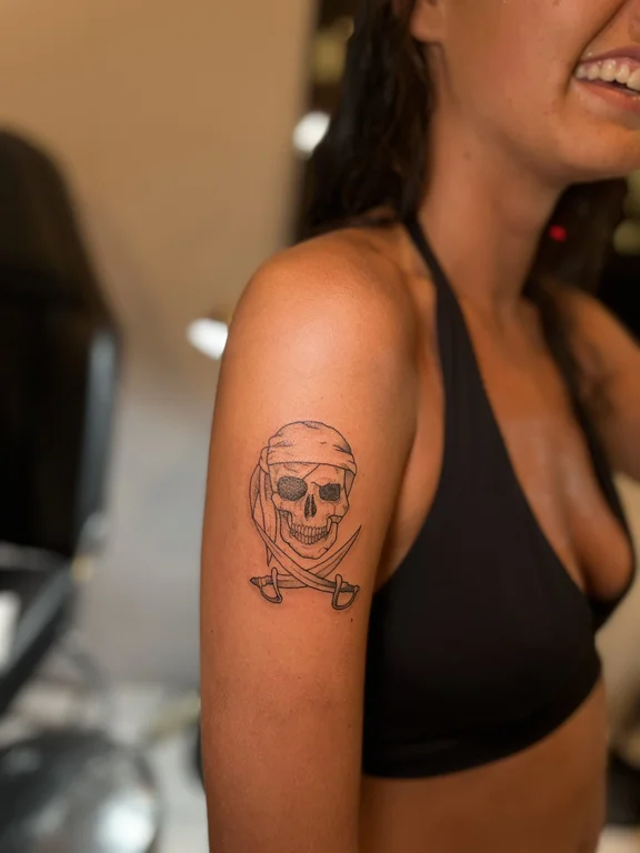 skull illustrative woman fine line smoke linework heavy shading bold line tattoo Canggu Bali