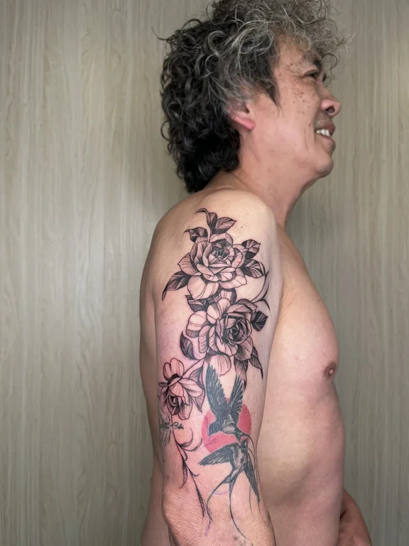 peony black grey cloud man linework rose tattoo canggu bali