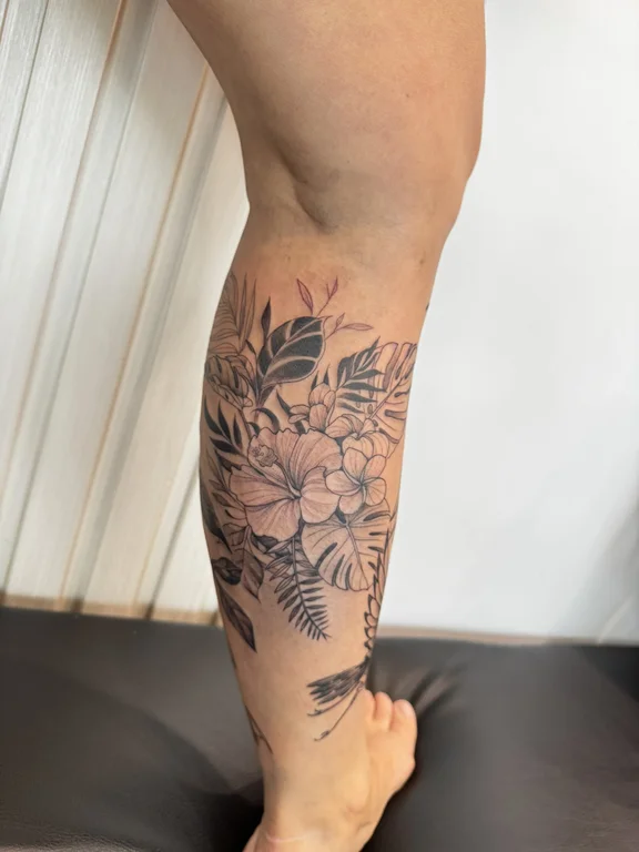 floral japanese peony soft shading elegant black grey heavy shading linework tattoo Canggu Bali