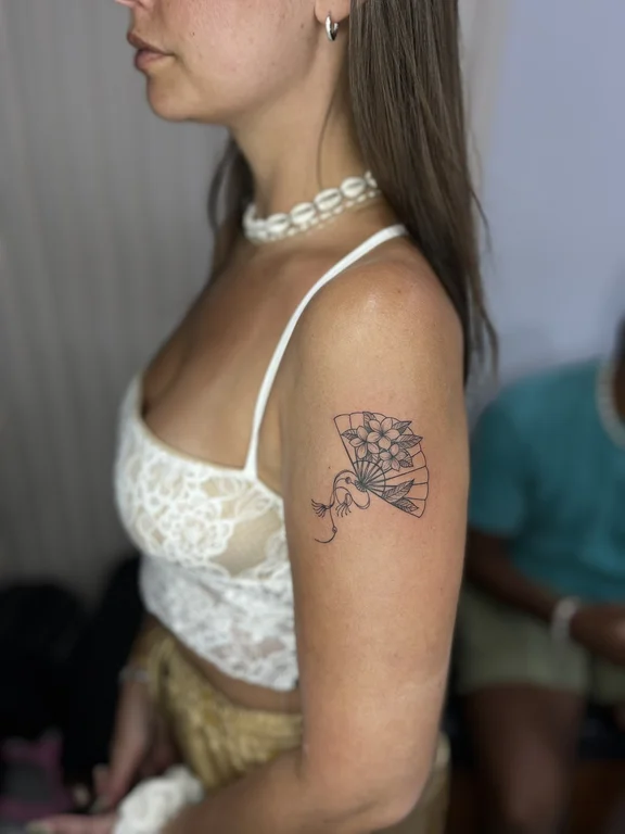 religious balinese woman dotwork elegant linework butterfly moon tattoo Canggu Bali
