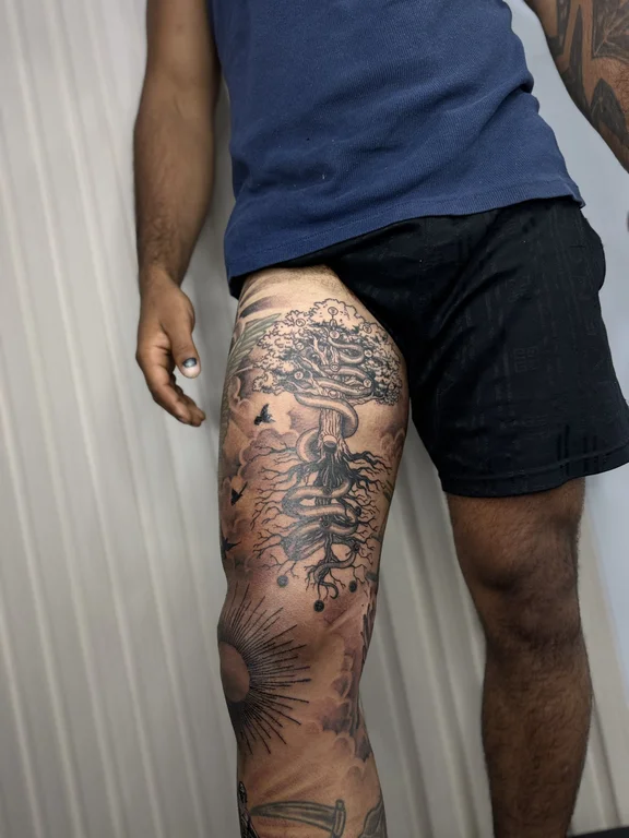 mythology japanese deity heavy shading cloud black grey soft shading linework tattoo Canggu Bali