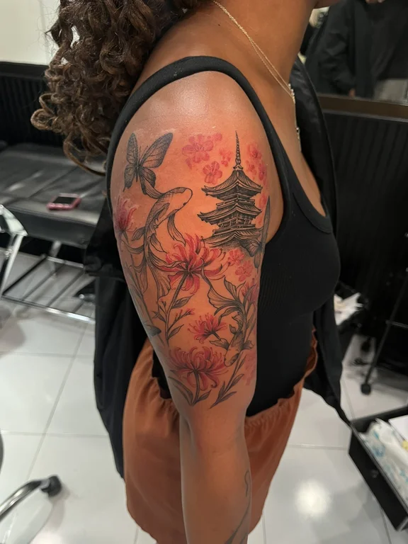 nature japanese koi colorful fire phoenix flower linework tattoo Canggu Bali