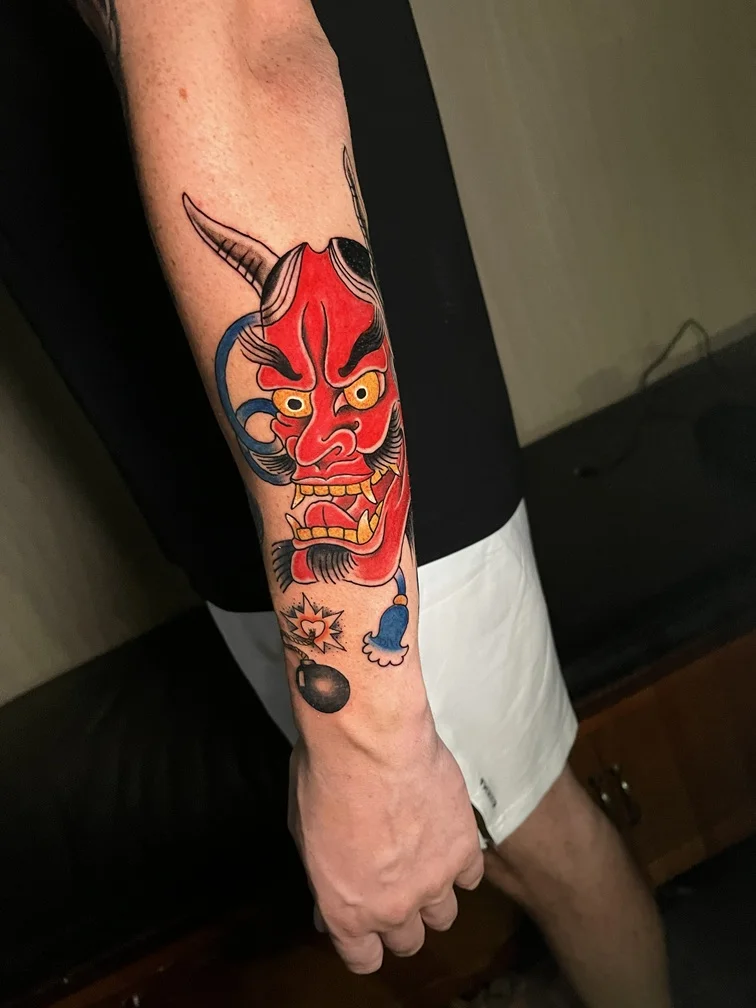 hannya mask man hand japanese traditional new school colorful ornamental tattoo canggu bali