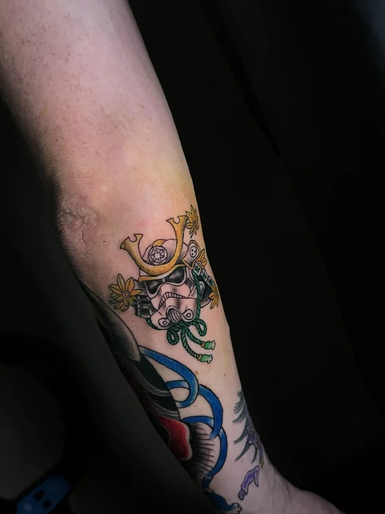 man hand japanese new school samurai ornamental colorful tattoo tattoo canggu bali