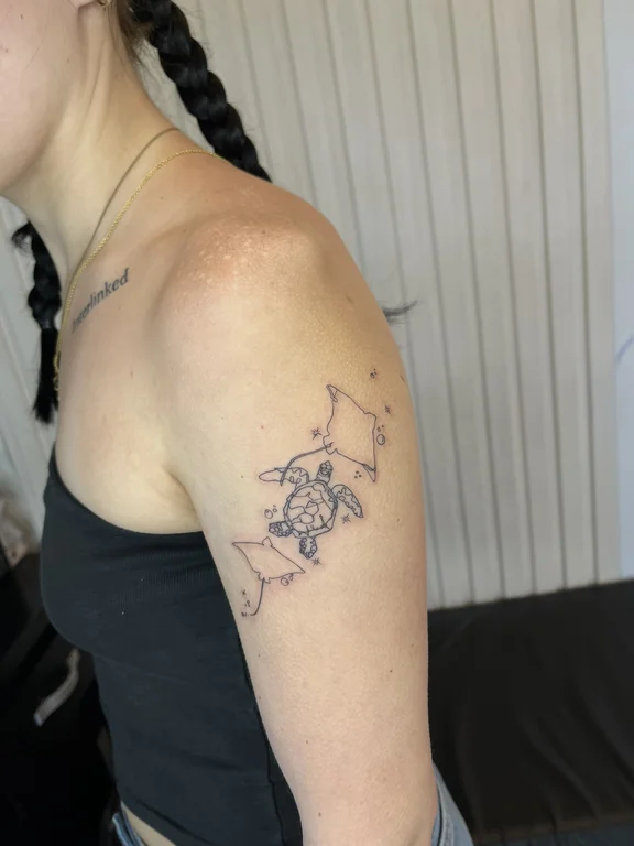 abstract linework woman fine line cloud dotwork elegant moon tattoo Canggu Bali