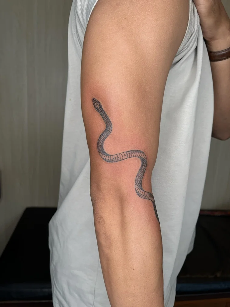 fineline linework shading snake black line tattoo man hand grey tattoo canggu bali