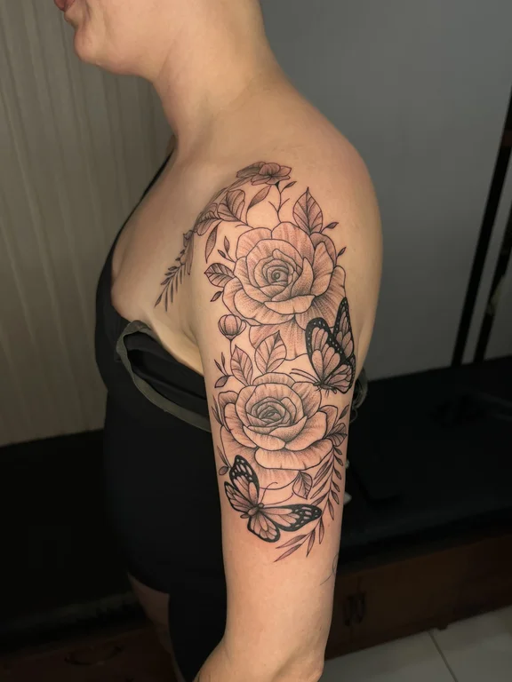 floral linework peony black grey elegant soft shading dotwork mystical tattoo Canggu Bali