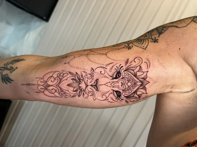 floral linework peony dotwork cloud elegant soft shading fine line tattoo Canggu Bali